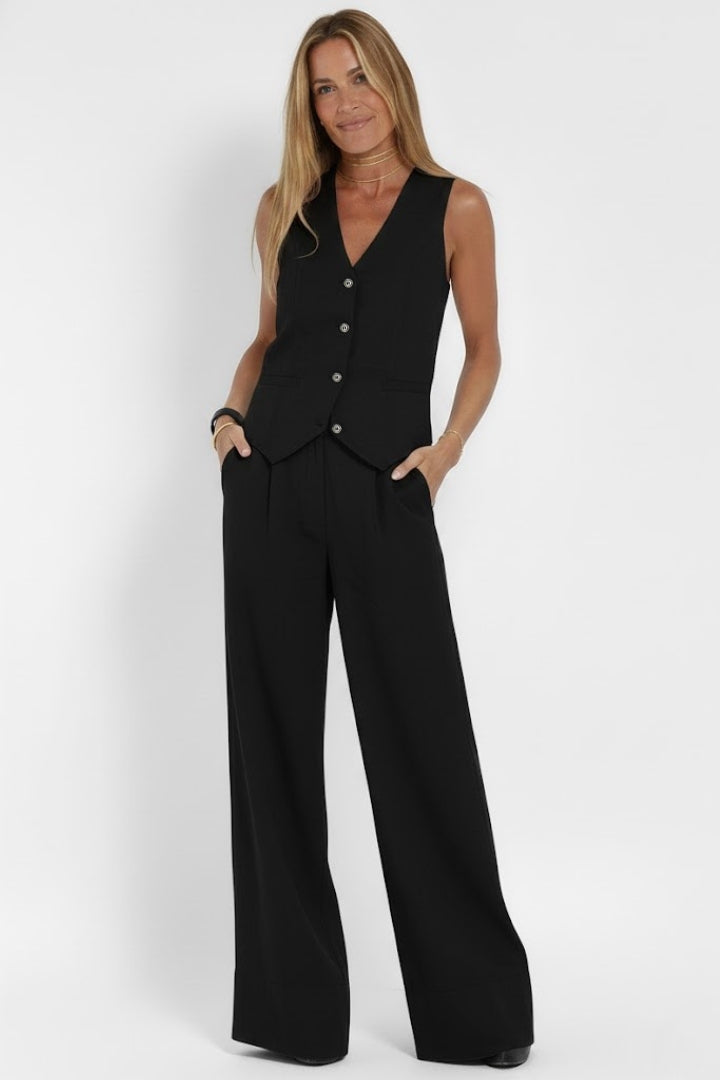Women's Two-Piece V-Neck Waistcoat & Wide-Leg Trousers Set