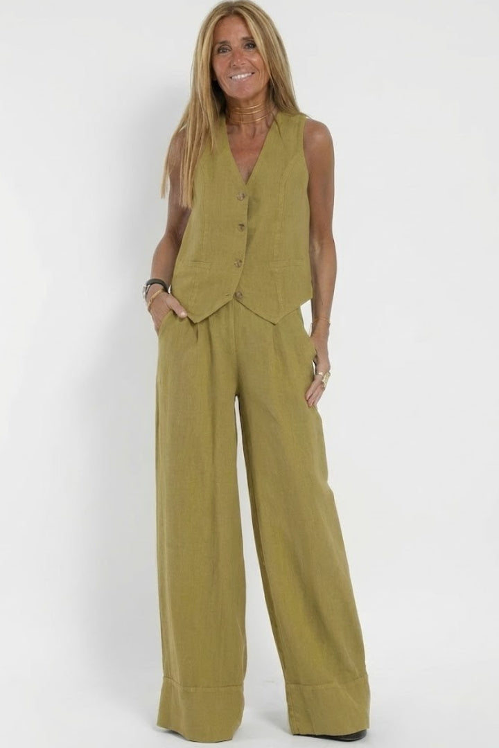 Women's Two-Piece V-Neck Waistcoat & Wide-Leg Trousers Set