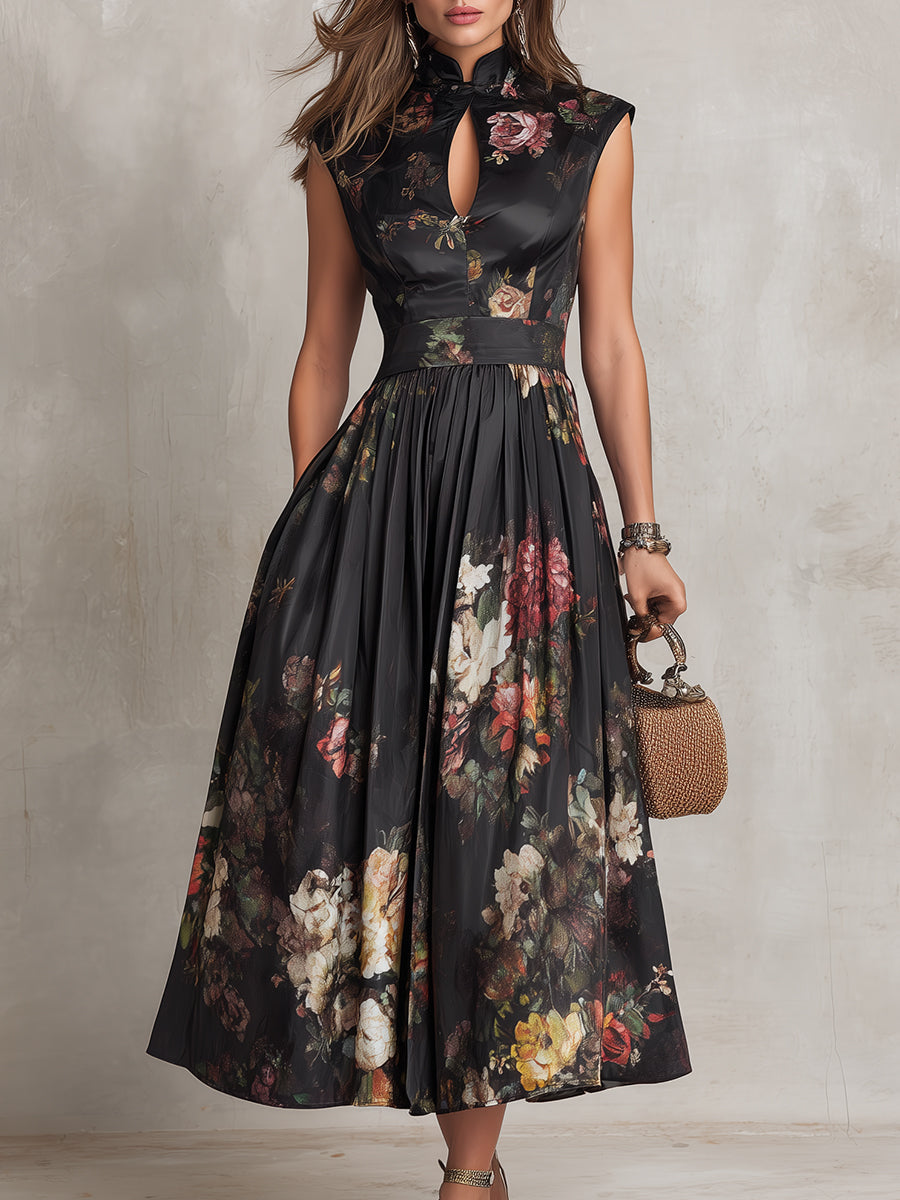 Black Floral Satin Pleated Midi Dress