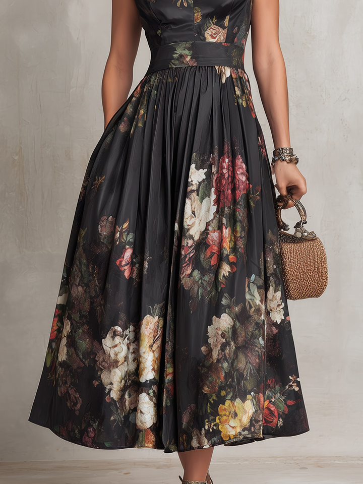 Black Floral Satin Pleated Midi Dress