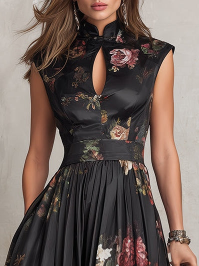 Black Floral Satin Pleated Midi Dress