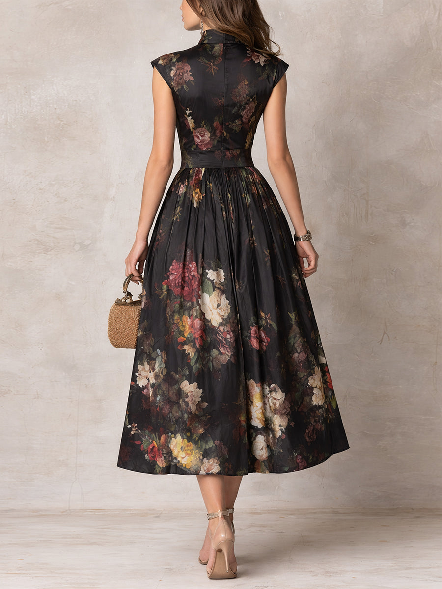 Black Floral Satin Pleated Midi Dress