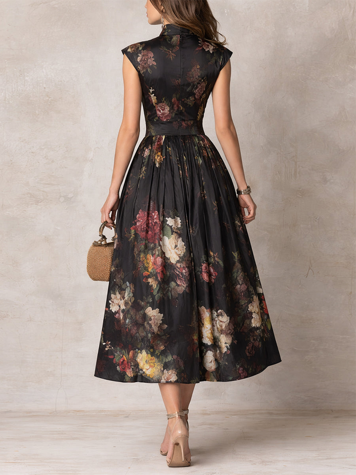 Black Floral Satin Pleated Midi Dress