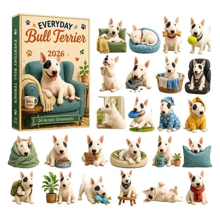 Bull Terrier Advent Calendar 2026, 24 days, 2D acrylic dog ornament, Christmas countdown decoration, gift for children, family and animal lovers