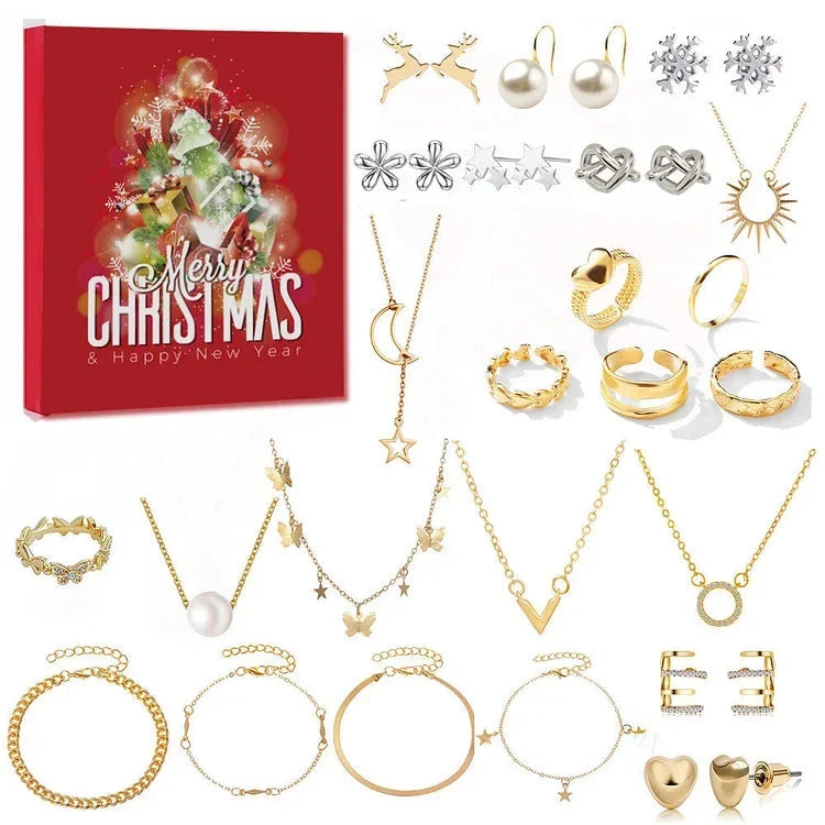 Jewelry Advent Calendar with 24 Pieces of Gold and Silver Finished Necklaces Bracelets and Earrings Holiday Countdown Gift