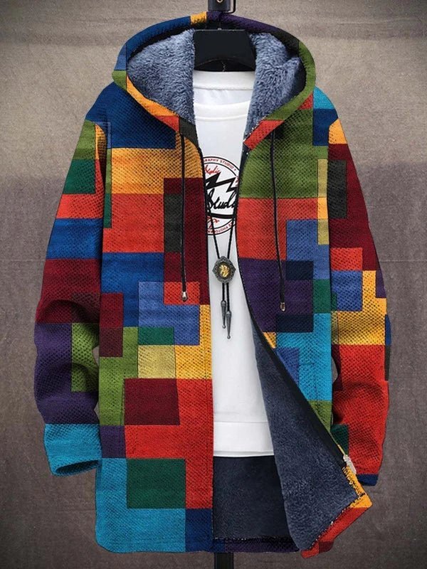 Men's Color Block Fleece Hooded Cardigan