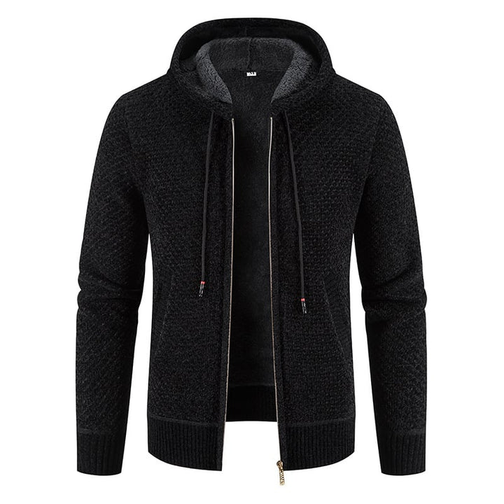 Felpa nera con cappuccio, zip frontale, tessuto lavorato a maglia, design casual, moda uomo, abbigliamento autunnale, stile moderno.