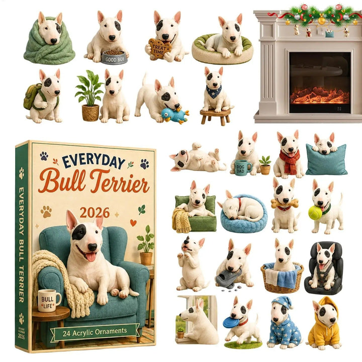 Bull Terrier Advent Calendar 2026, 24 days, 2D acrylic dog ornament, Christmas countdown decoration, gift for children, family and animal lovers
