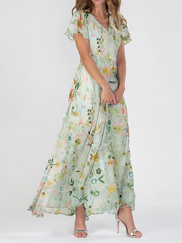 Women's Floral Print Maxi Dress with V-Neck
