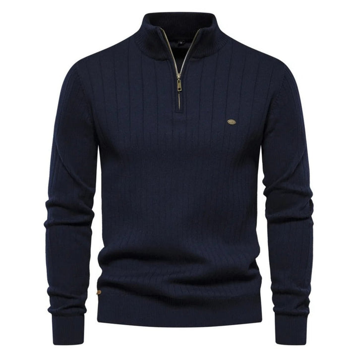 Maglione uomo blu scuro con zip, collo alto, design a coste, elegante e casual, perfetto per l'autunno e l'inverno, moda maschile.