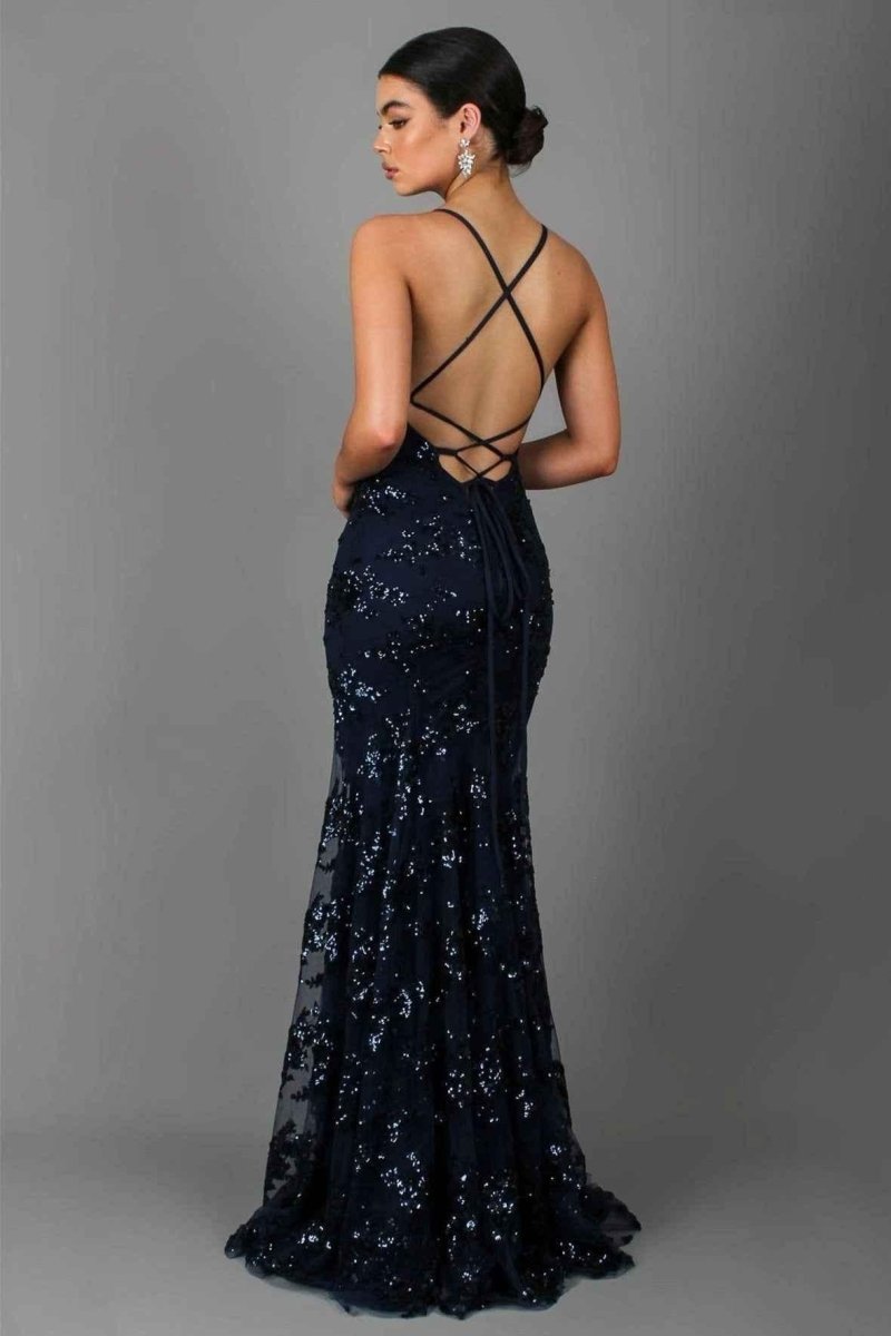 Women's Floor-Length V-Neck Spaghetti Strap Sequin Dress