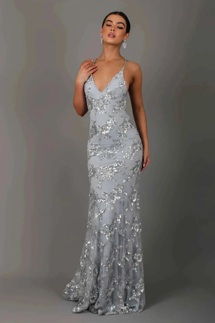 Women's Floor-Length V-Neck Spaghetti Strap Sequin Dress