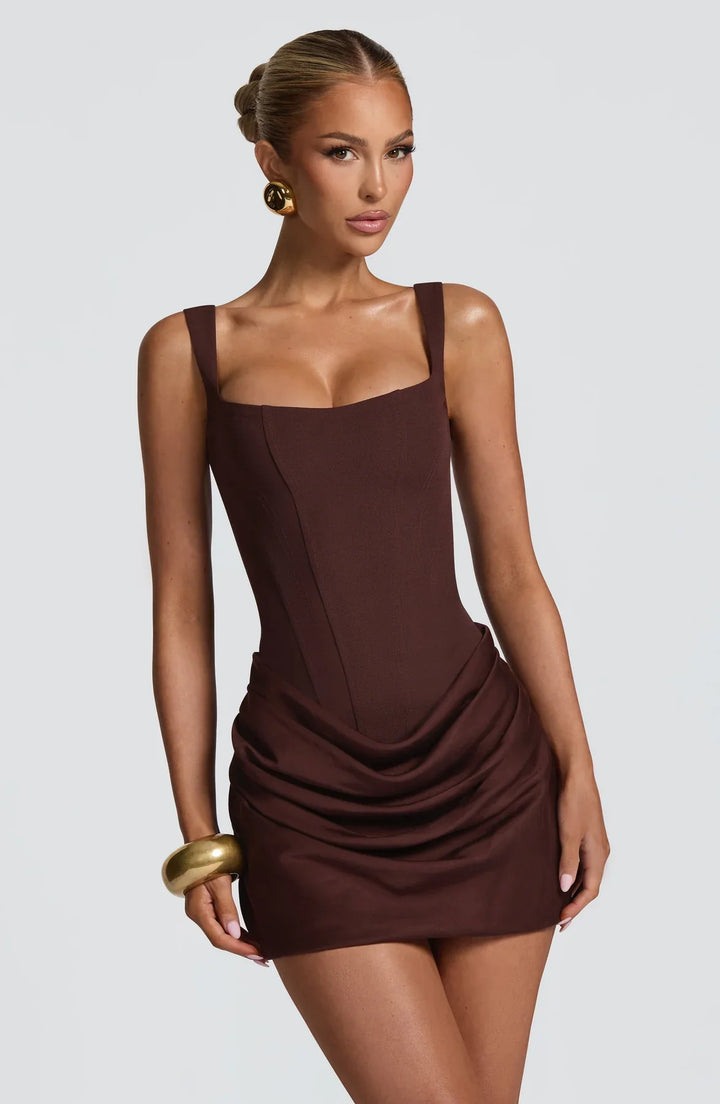 Women's Ruched Mini Dress | Square Neck A-Line Silhouette | Lace-Up Back Detail | Party Holiday Evening Wear