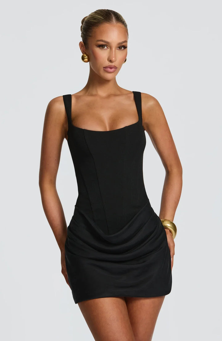 Women's Ruched Mini Dress | Square Neck A-Line Silhouette | Lace-Up Back Detail | Party Holiday Evening Wear