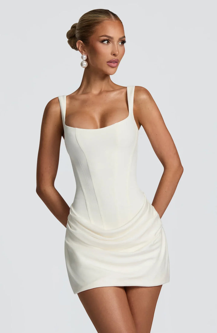 Women's Ruched Mini Dress | Square Neck A-Line Silhouette | Lace-Up Back Detail | Party Holiday Evening Wear