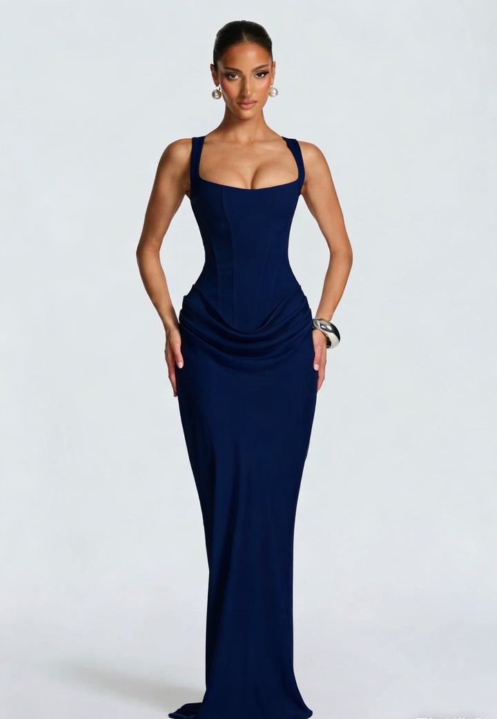 Women's Maxi Dress with Corset Top and Wide Shoulder Straps