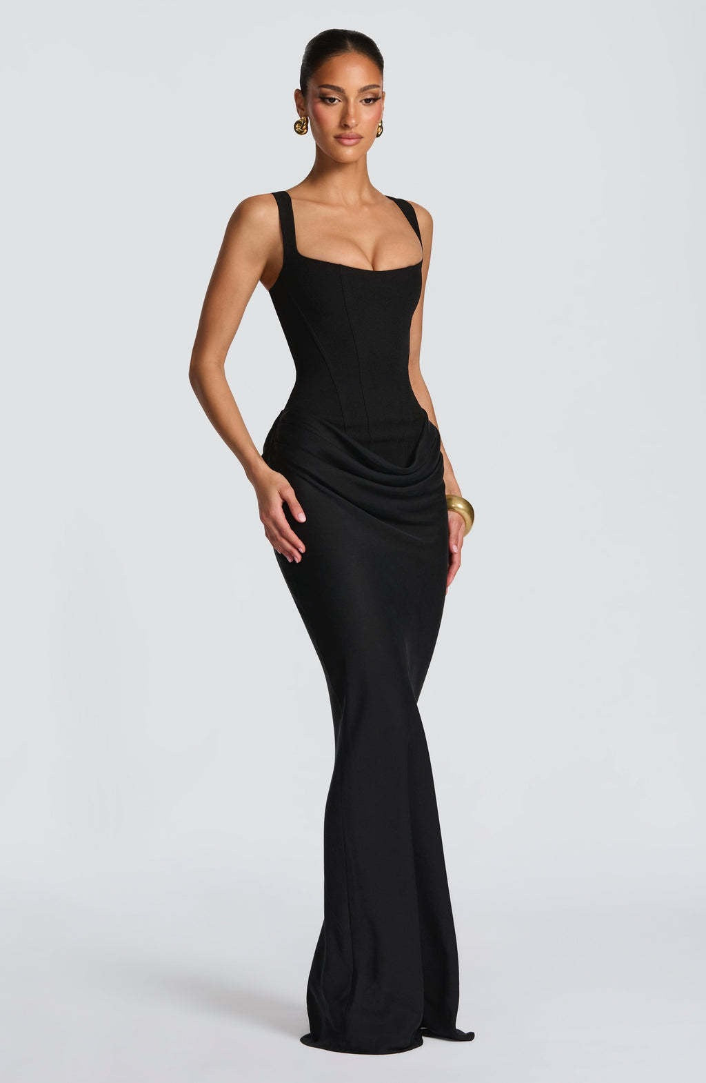 Women's Maxi Dress with Corset Top and Wide Shoulder Straps