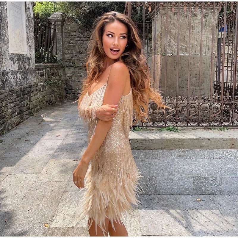 Women's Mini Dress with Spaghetti Straps, V-Neck, Sequin Trim, and Feather Hem Details