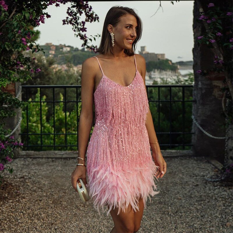 Women's Mini Dress with Spaghetti Straps, V-Neck, Sequin Trim, and Feather Hem Details