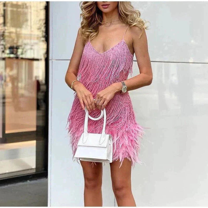 Women's Mini Dress with Spaghetti Straps, V-Neck, Sequin Trim, and Feather Hem Details