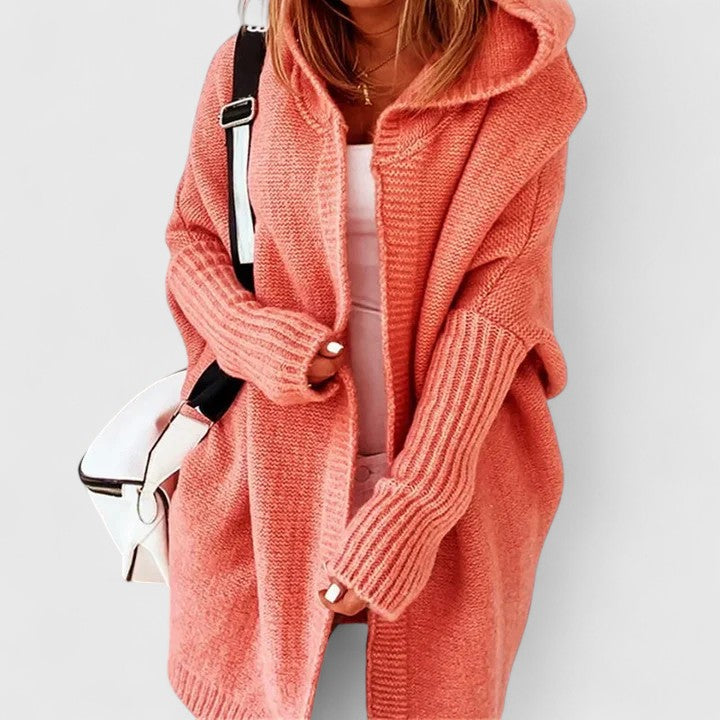 Damen Strickjacke Knielang mit Kapuze in Orange