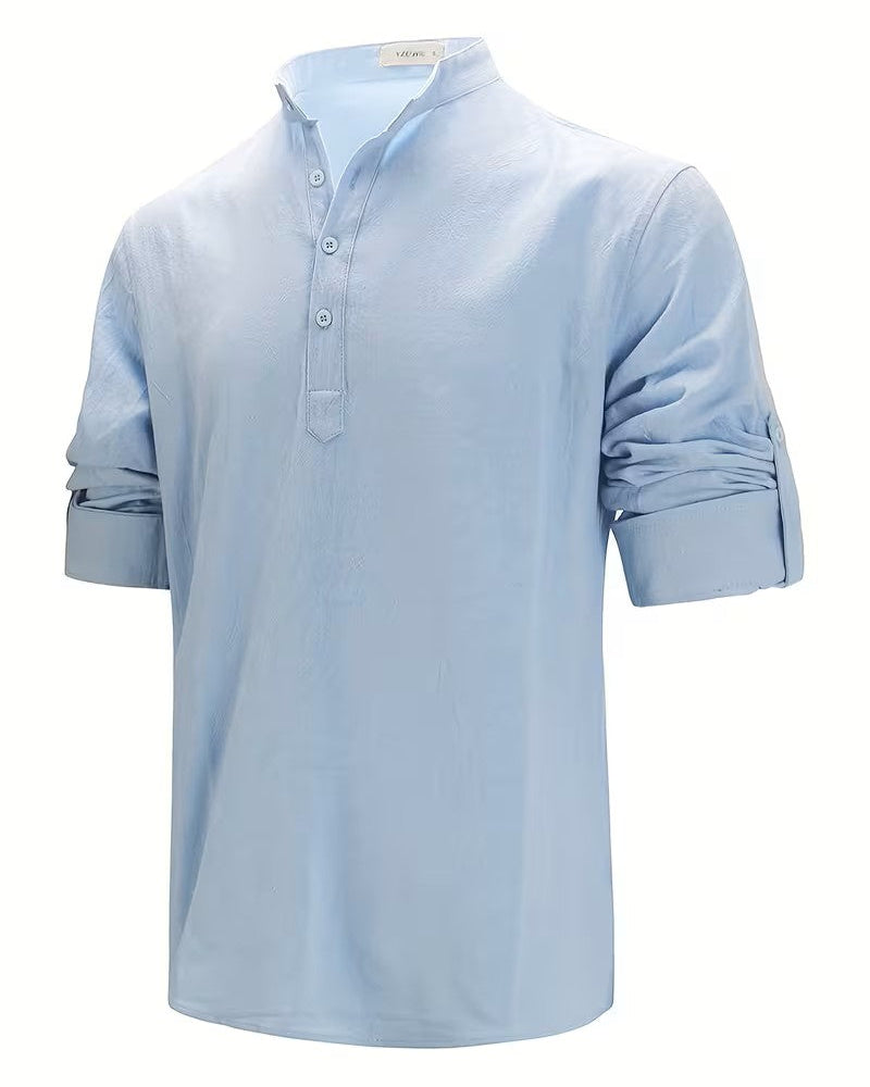 Men's Cotton Mandarin Collar Long Sleeve Solid Color Shirt