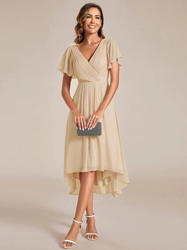 Women's Chiffon Wedding Guest Dress | A-Line Midi Occasion Dress | V-Neck Flowing Silhouette | Cocktail Party Formal Wear