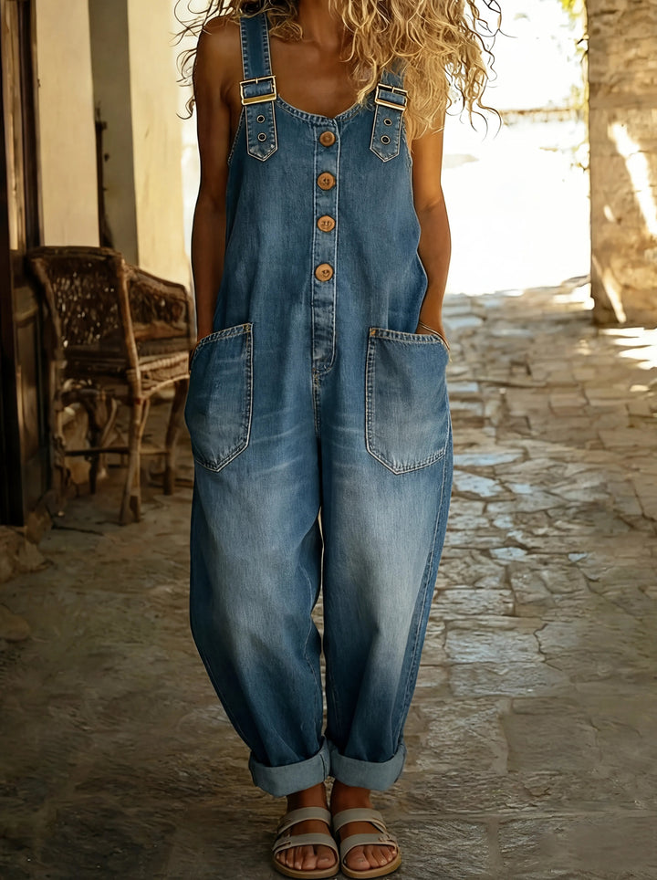 Casual Denim Jumpsuit with Adjustable Buckle