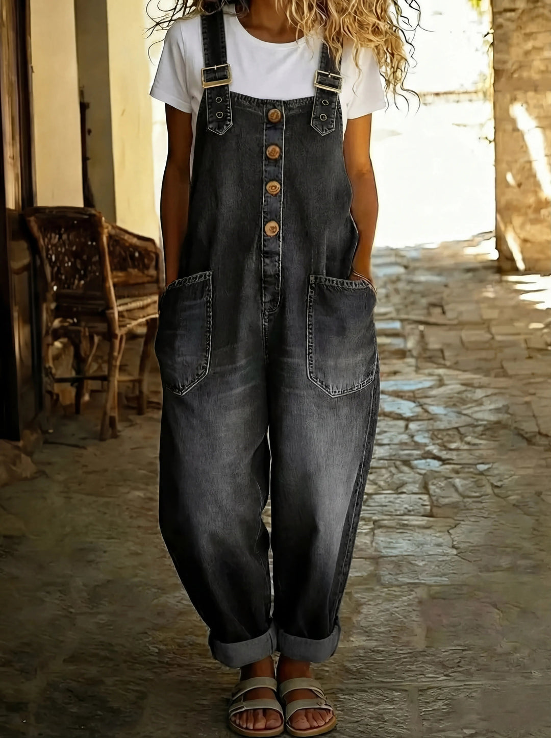 Casual Denim Jumpsuit with Adjustable Buckle