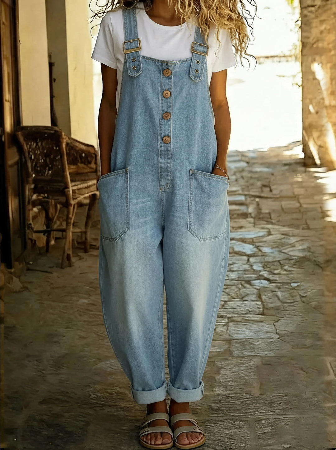 Casual Denim Jumpsuit with Adjustable Buckle
