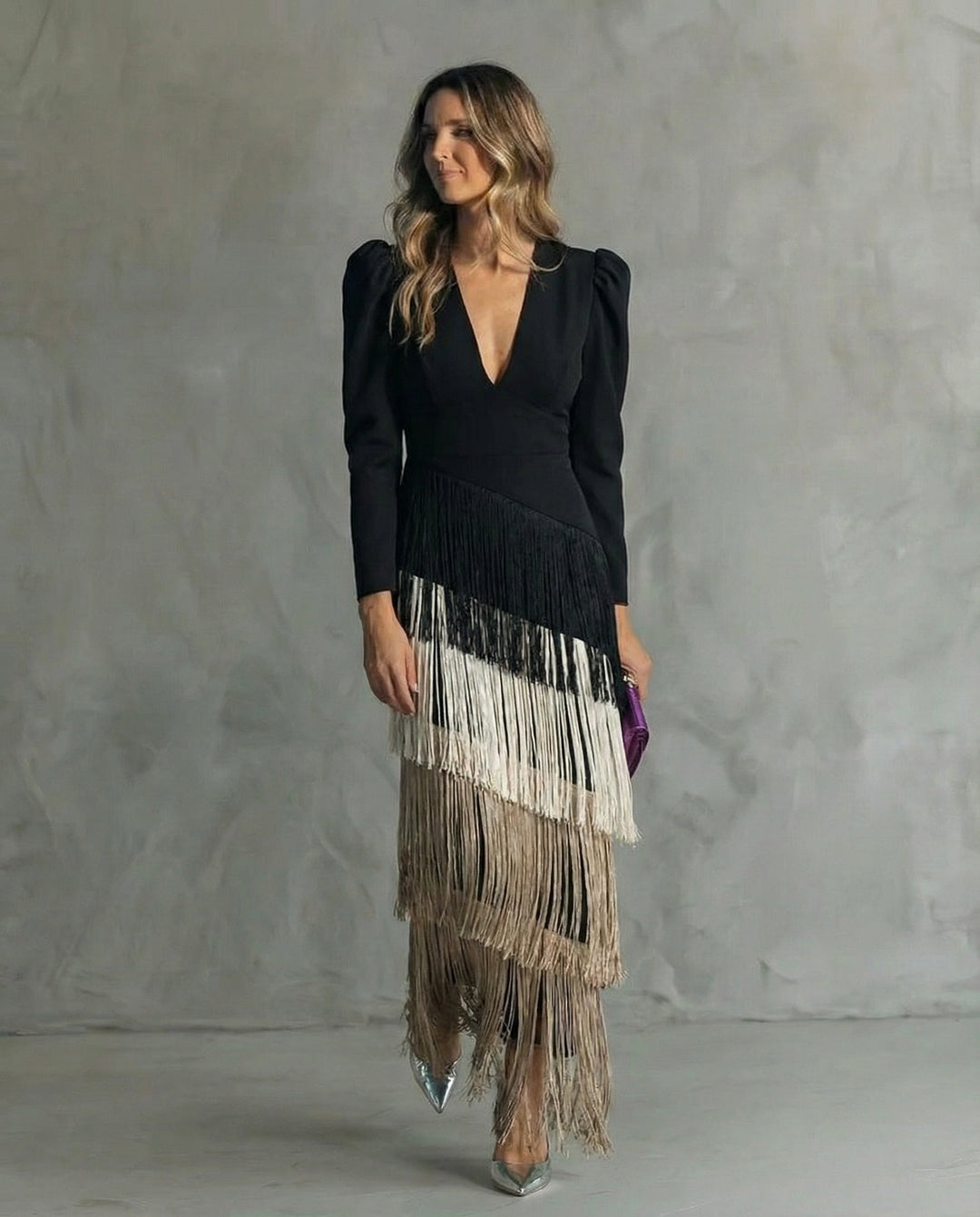 Elegant Midi Dress with Fringe Sleeves