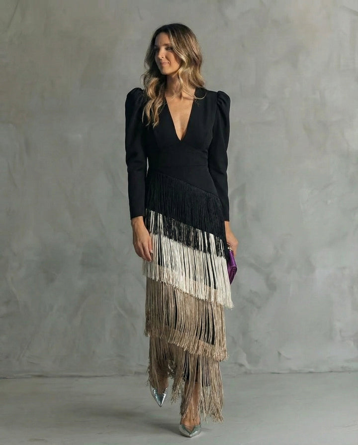 Elegant Midi Dress with Fringe Sleeves