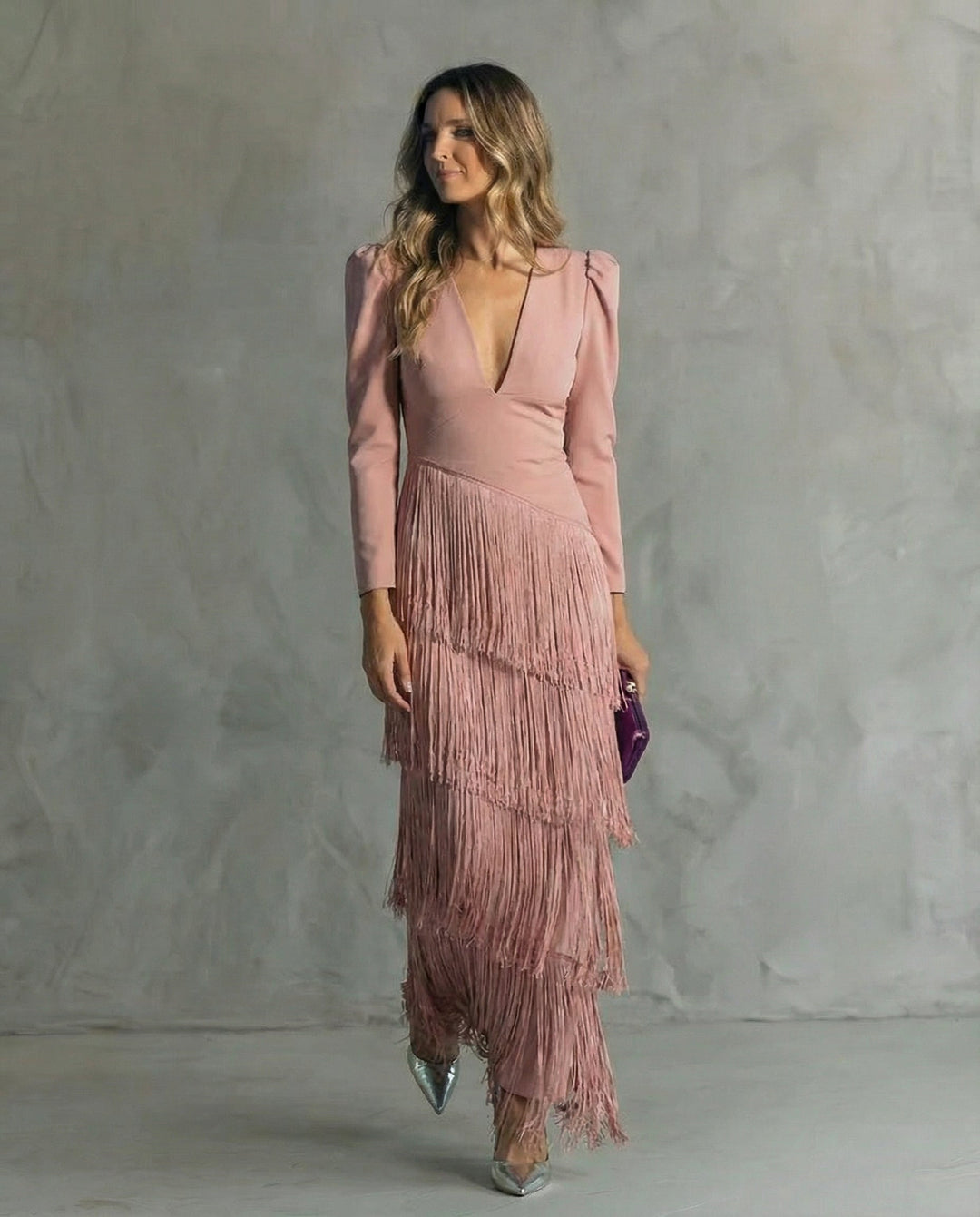 Elegant Midi Dress with Fringe Sleeves