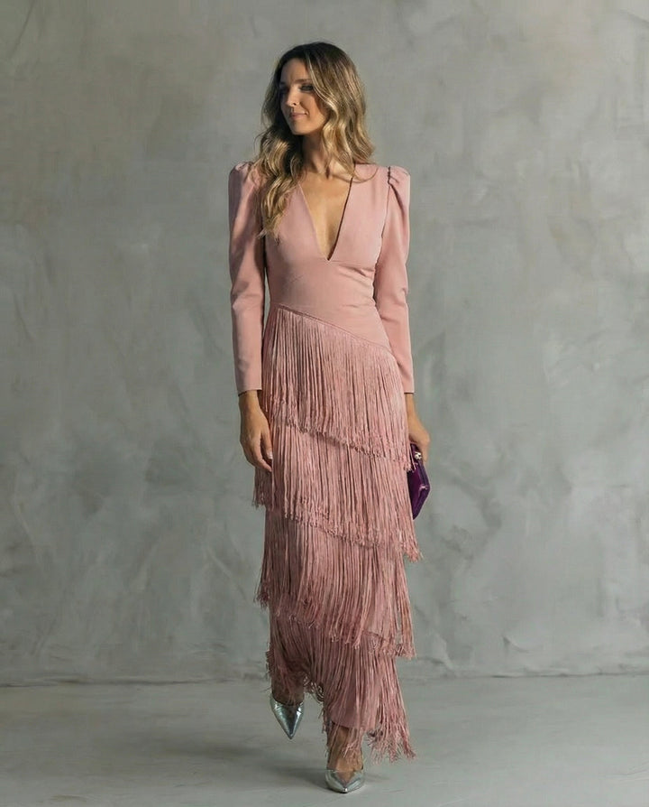 Elegant Midi Dress with Fringe Sleeves