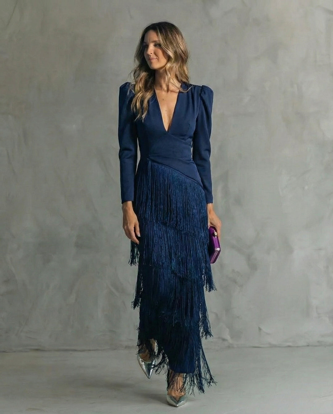 Elegant Midi Dress with Fringe Sleeves