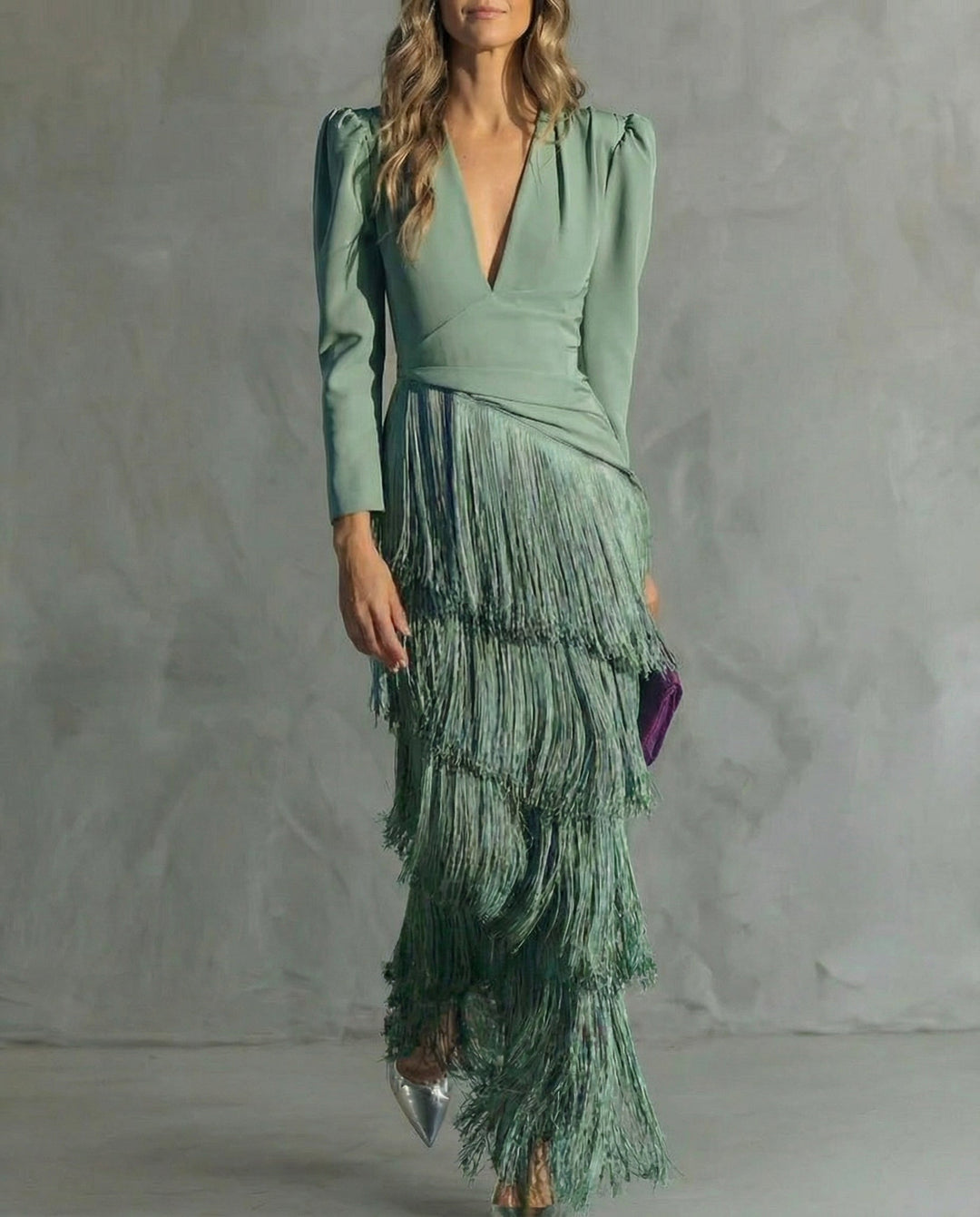 Elegant Midi Dress with Fringe Sleeves