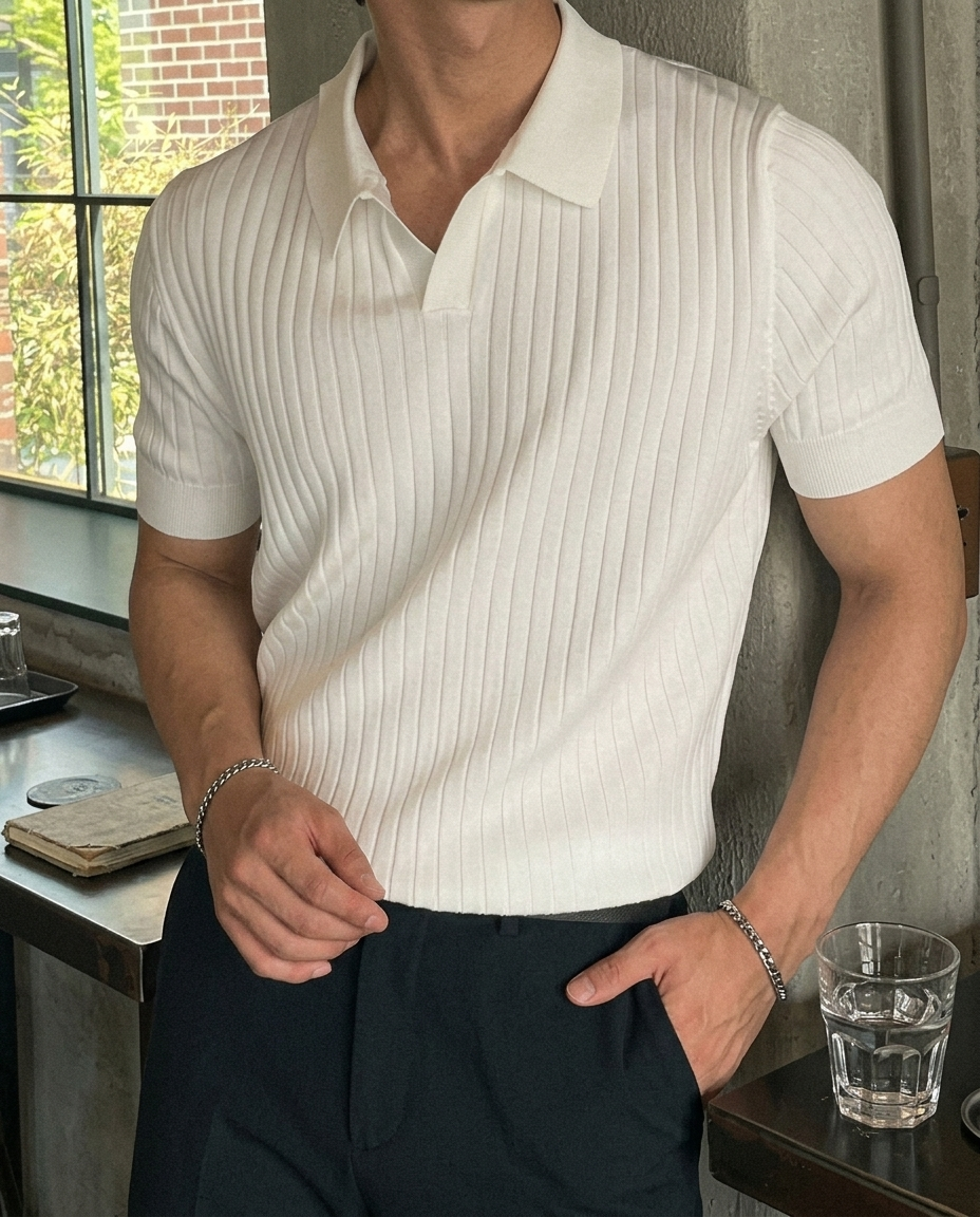 Men's Striped Short Sleeve Textured Knit Polo Shirt