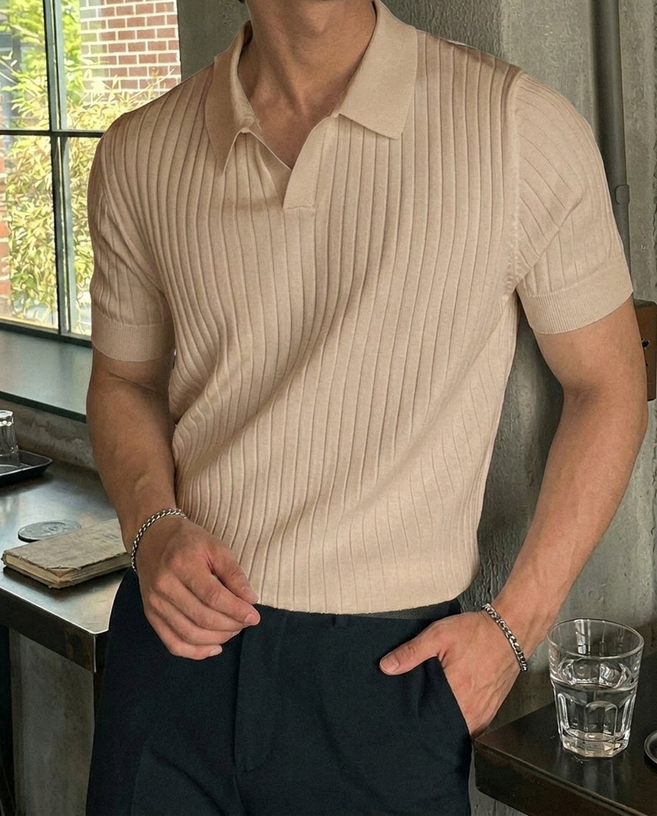 Men's Striped Short Sleeve Textured Knit Polo Shirt