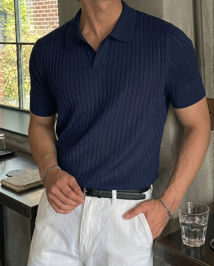 Men's Striped Short Sleeve Textured Knit Polo Shirt