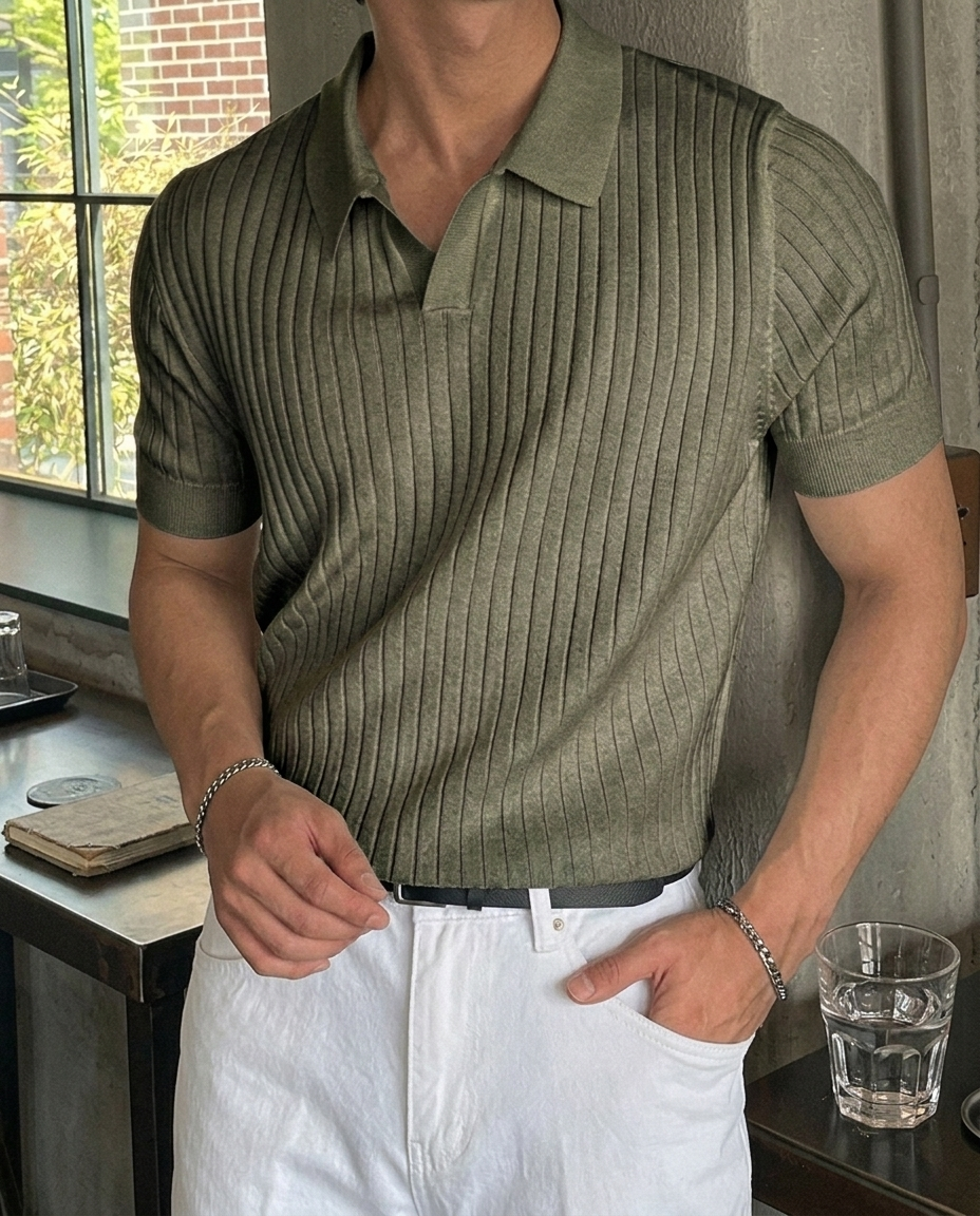 Men's Striped Short Sleeve Textured Knit Polo Shirt