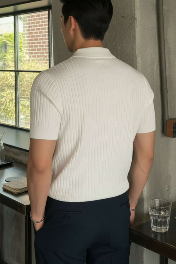 Men's Striped Short Sleeve Textured Knit Polo Shirt