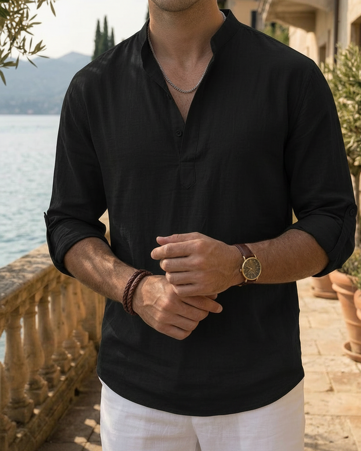 Men's Cotton Mandarin Collar Long Sleeve Solid Color Shirt