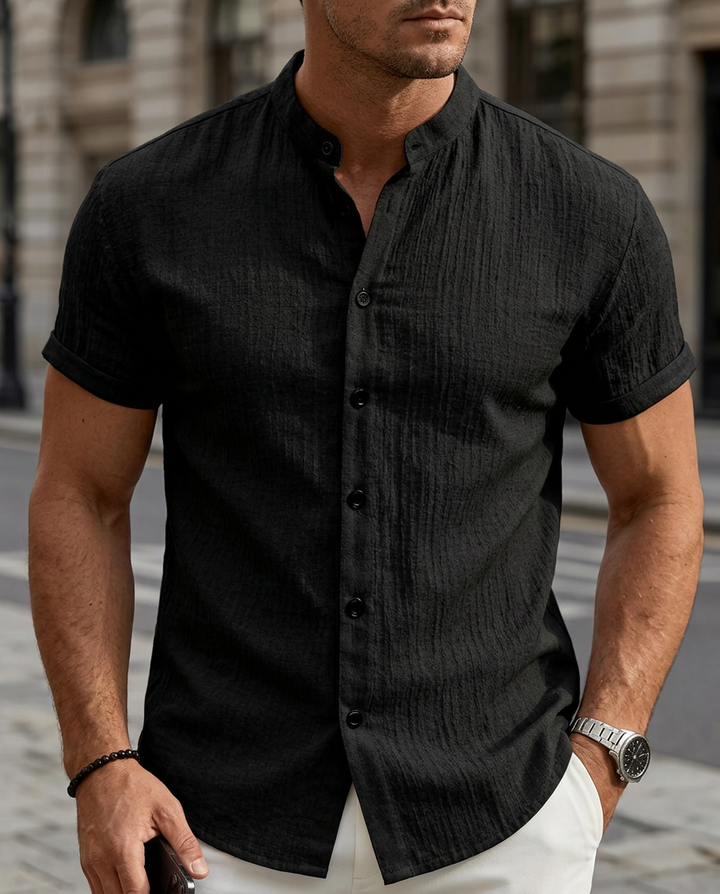 Men's Short Sleeve Mandarin Collar Solid Color Summer Shirt