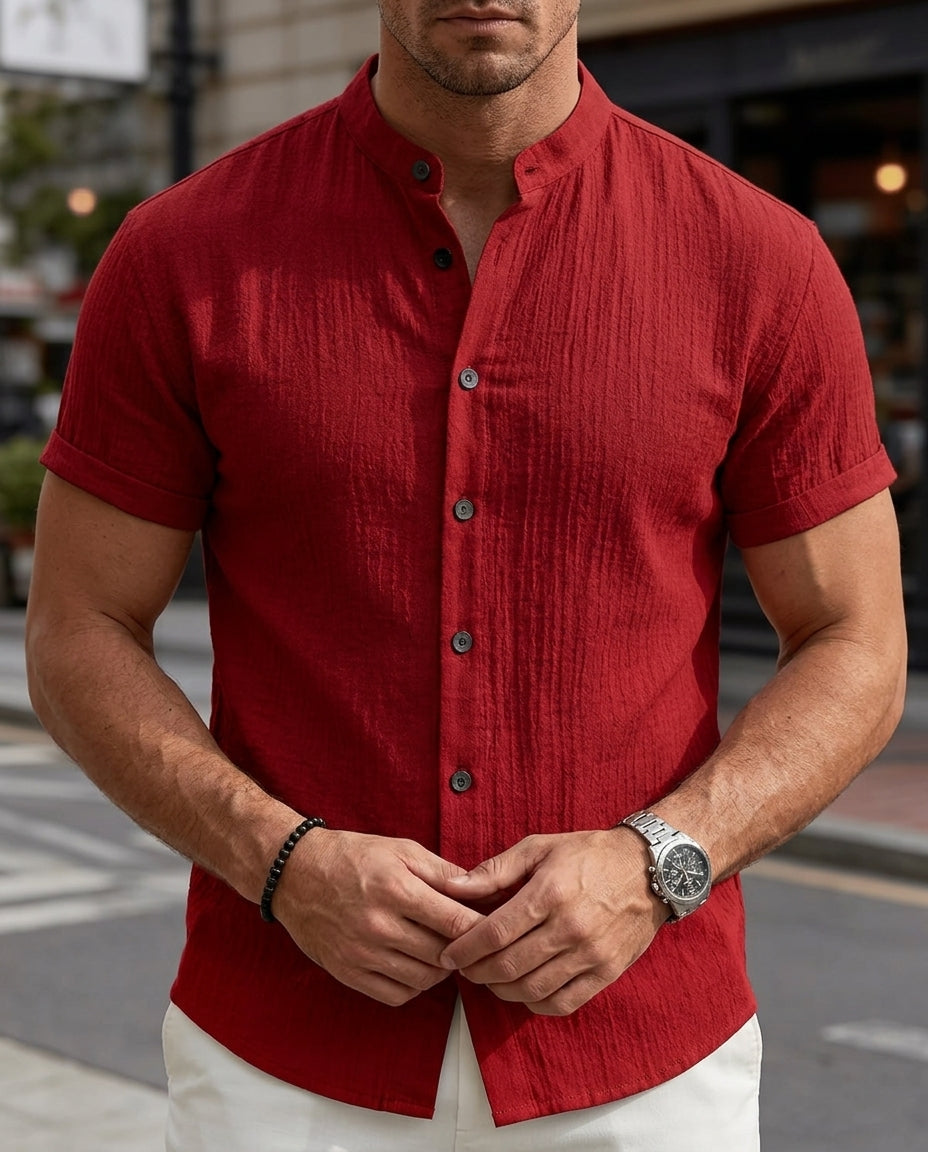 Men's Short Sleeve Mandarin Collar Solid Color Summer Shirt