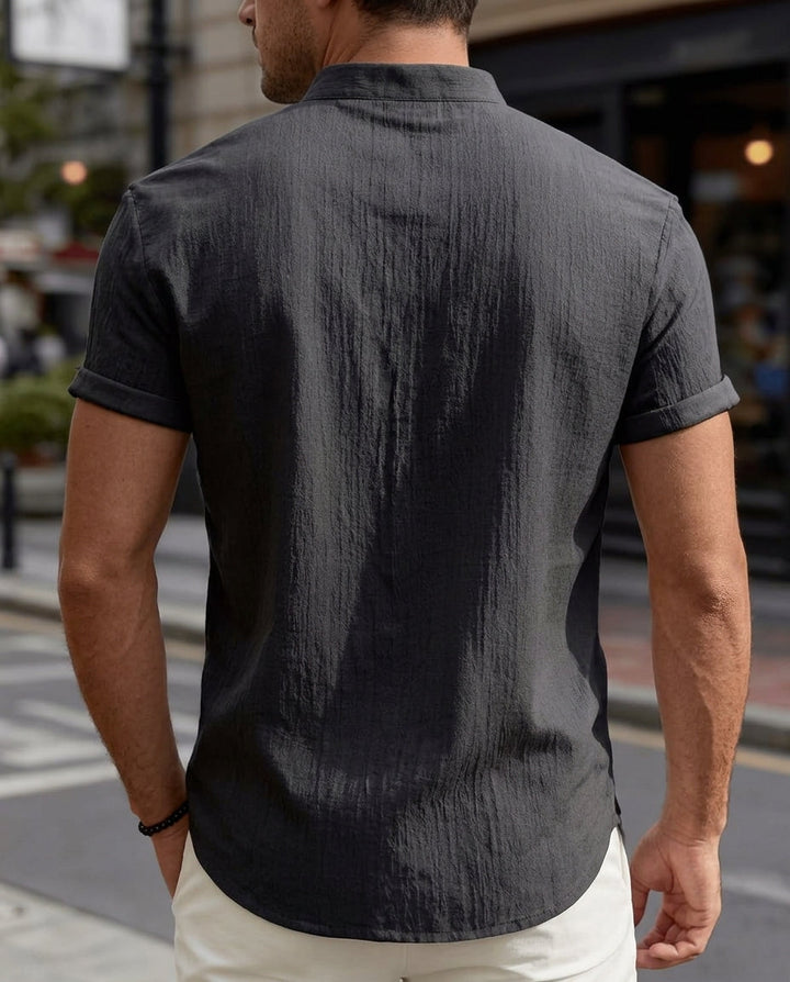 Men's Short Sleeve Mandarin Collar Solid Color Summer Shirt