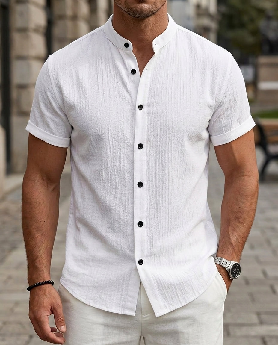 Men's Short Sleeve Mandarin Collar Solid Color Summer Shirt