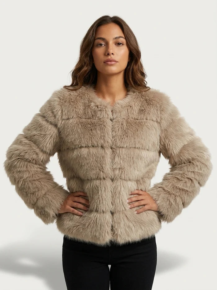 Women's Cropped Faux Fur Jacket | Relaxed Fit Plush Coat | Soft Textured Outerwear | Evening Party Winter Wear