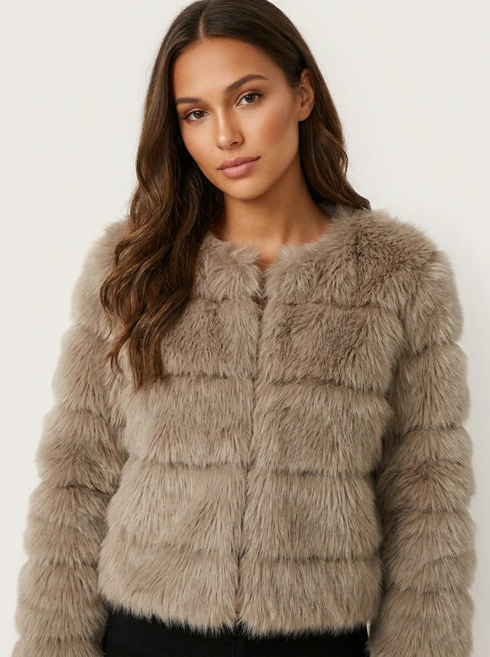Women's Cropped Faux Fur Jacket | Relaxed Fit Plush Coat | Soft Textured Outerwear | Evening Party Winter Wear