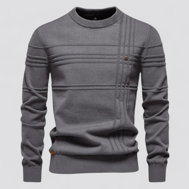 Maglione grigio da uomo in lana, design a righe orizzontali, girocollo, maniche lunghe, stile casual elegante, ideale per l'autunno e l'inverno.