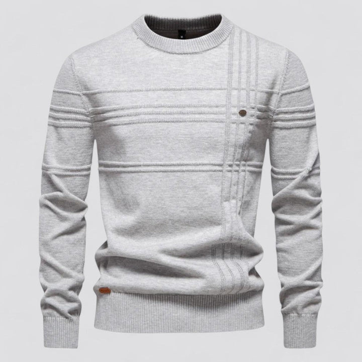 Maglione grigio chiaro da uomo, design a righe, girocollo, maniche lunghe, stile casual elegante, ideale per autunno e inverno.